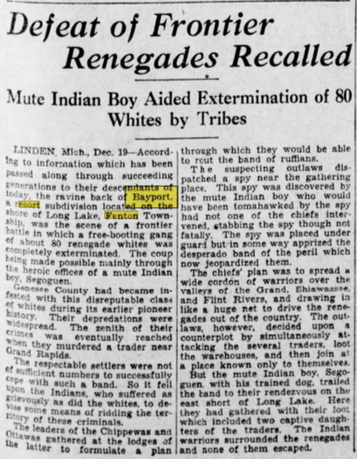 Bay Port Resort (Fenton Yacht Club) - Dec 20 1931 Article